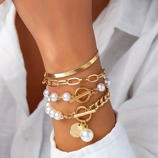 Chic Gull 4-Piece Armbånd Sett - Slange, Perler & Lenker | Gull