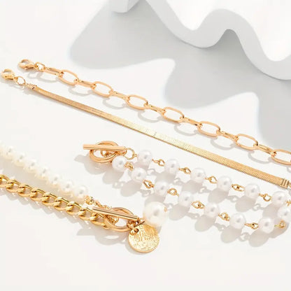 Chic Gull 4-Piece Armbånd Sett - Slange, Perler & Lenker | Gull