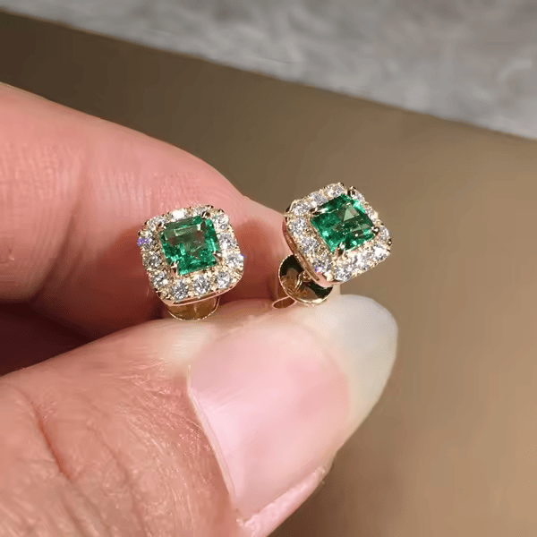 Gull Smaragd Firkantet Halo Stud Øredobber