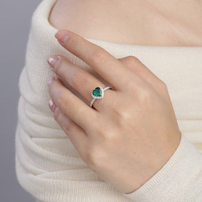 Sølv Smaragd Hjerte Halo Ring