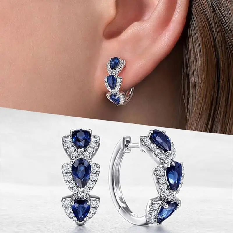 Sølv Safir Halo Hoopringer