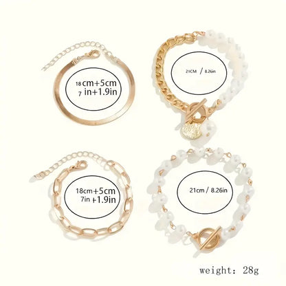 Chic Gull 4-Piece Armbånd Sett - Slange, Perler & Lenker | Gull
