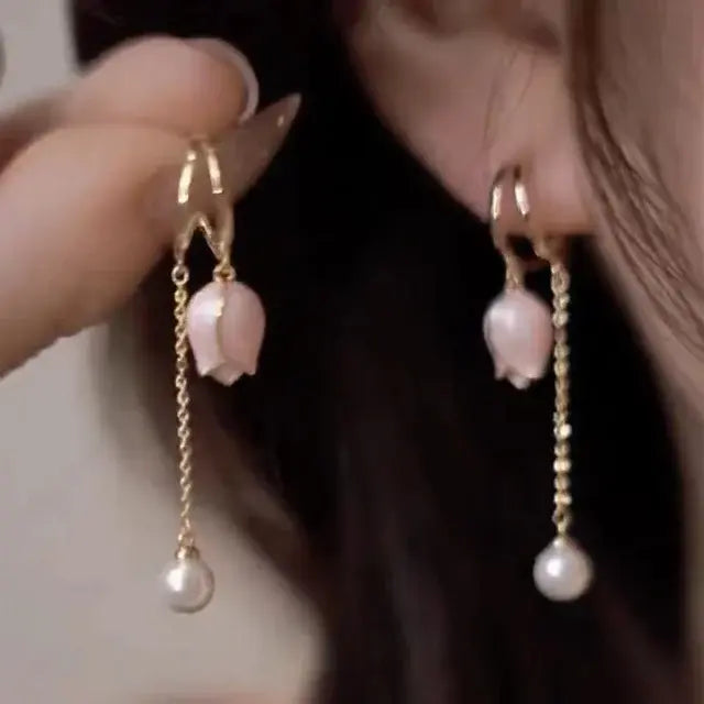Gull Blomster Perle Drop Øredobber